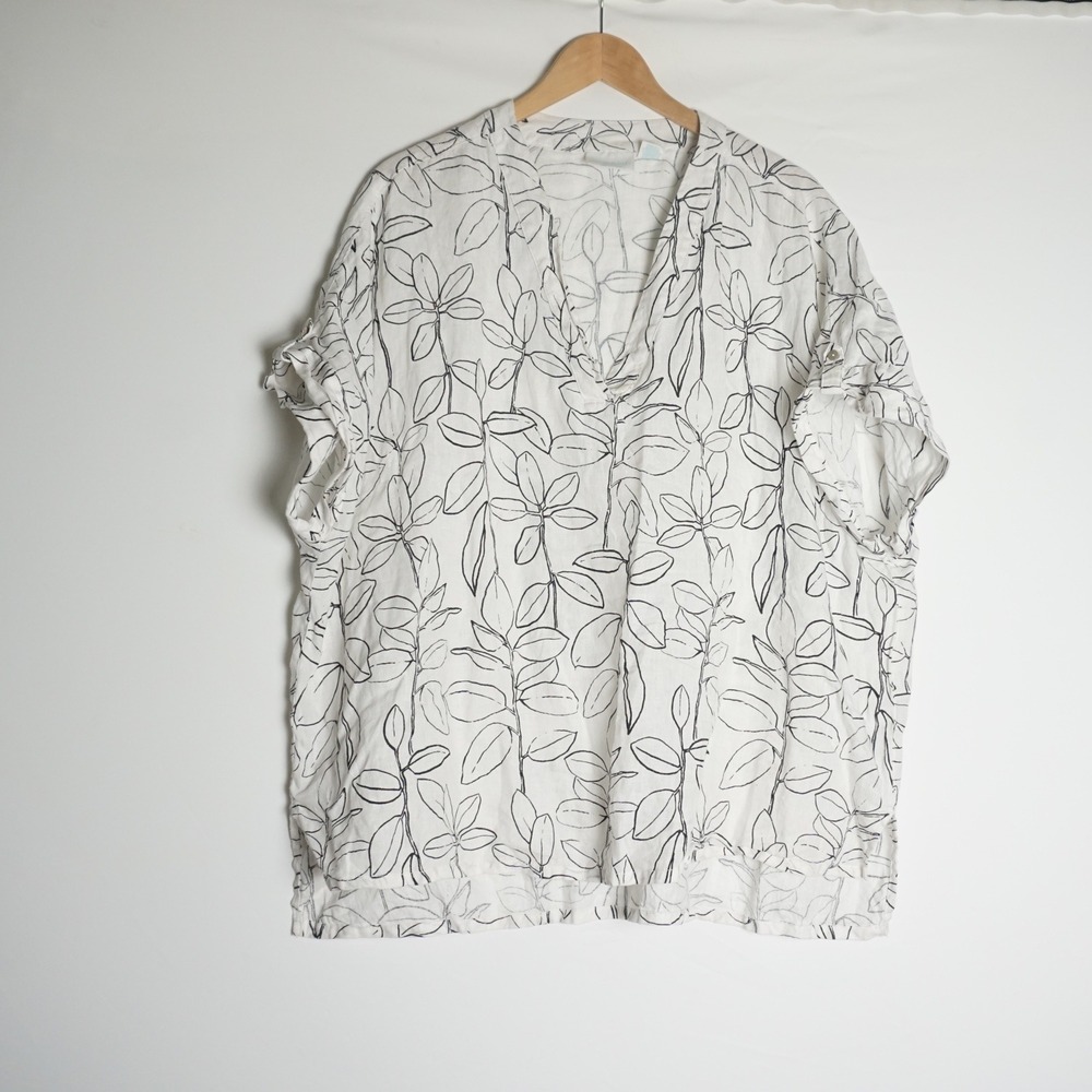 Cynthia Rowley Womens 2X White Black Linen Leaf Print V-Neck Roll Tab Blouse